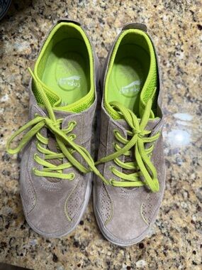 Dansko Taupe Suede Sneakers with Lime Green Accents - size 39 (US size 8.5-9)